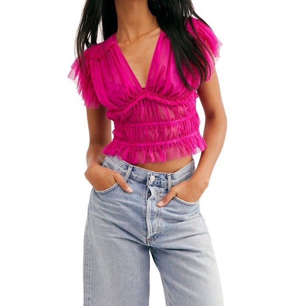 Free People Making me Smile Fuschia Crop top bright fun sheer summer top fraye